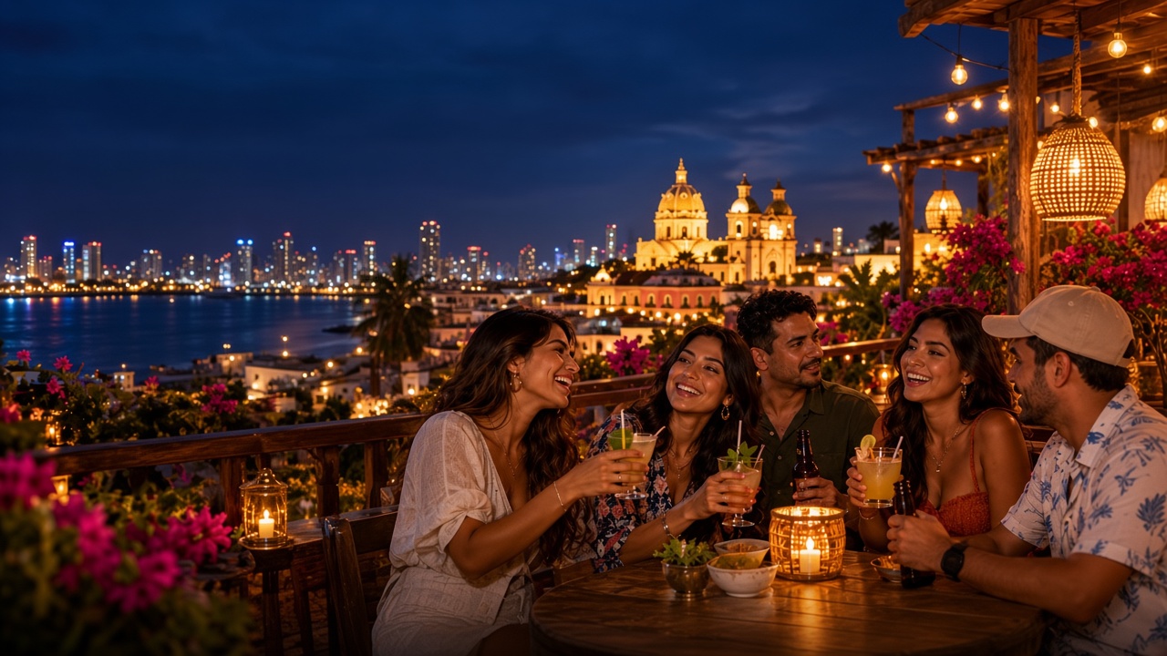 Friends on a Cartagena rooftop at night, with the walled city lit behind them